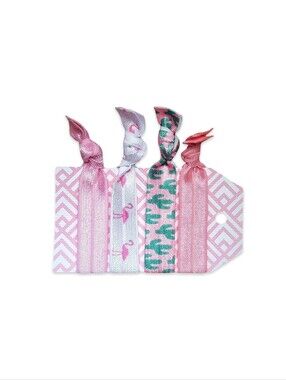 Set of 4 Pink Flamingo Cactus Boho Fold Over Elastic FOE Hair Ties 4-Pack